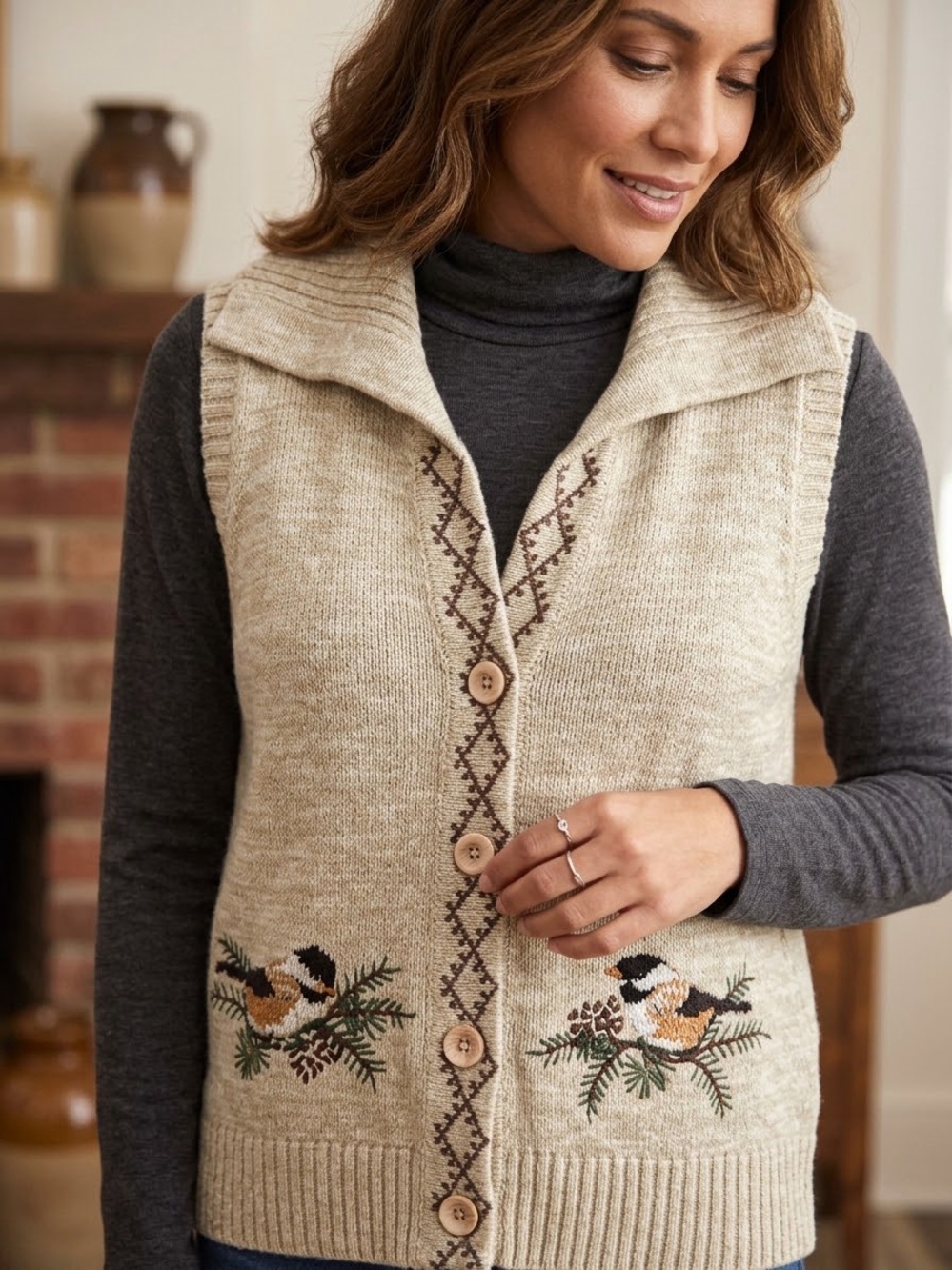 Vintage Sleeveless Beige Bird Embroidered Knit Sweater Vest